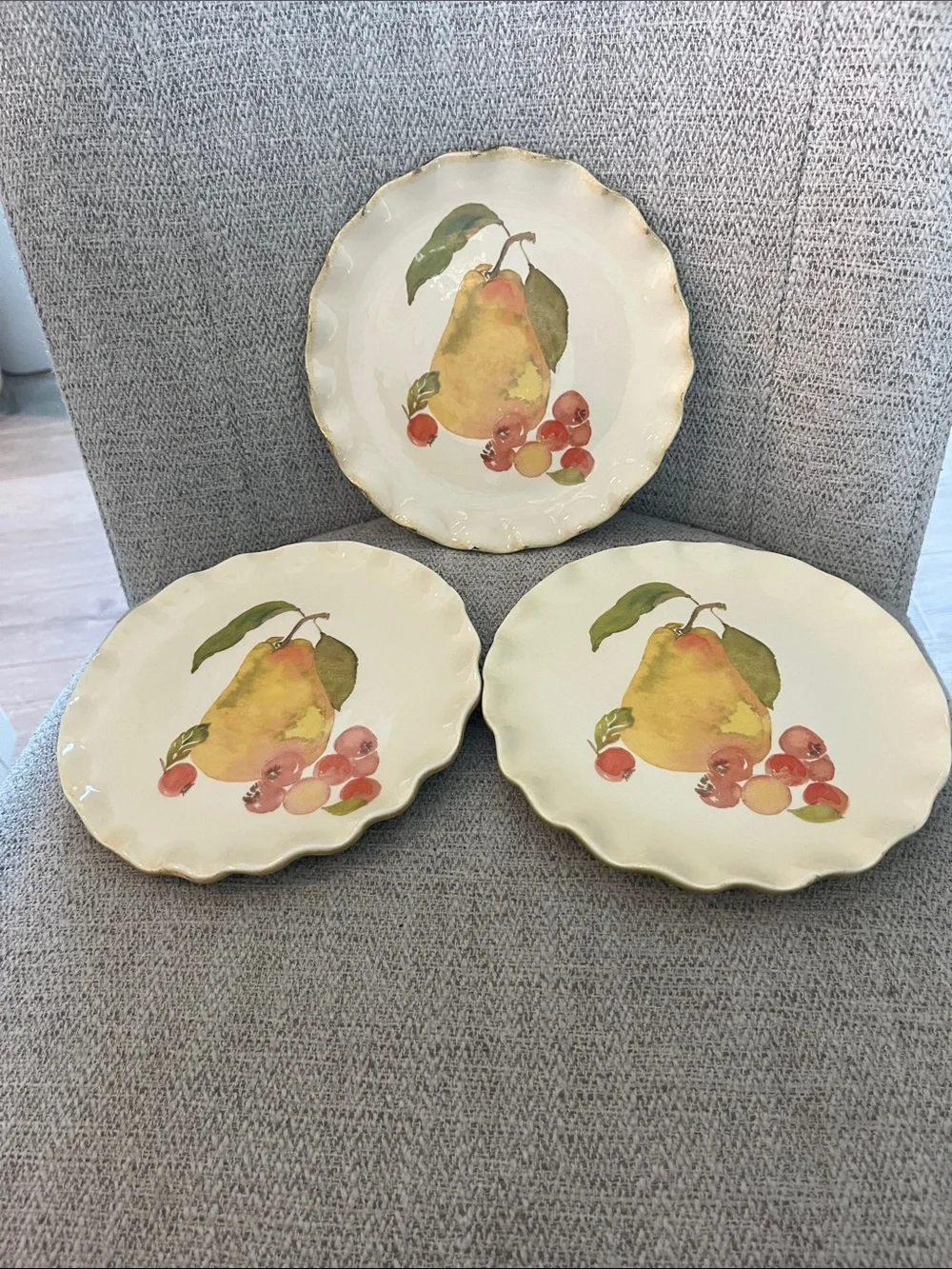 3 Crate & Barrel Harvest Fruit 7.5” salad plates yellow pear berries fluted